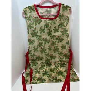 Handmade Vtg Christmas Holly Tabard Apron Metallic Gold Green Red Smock Pockets